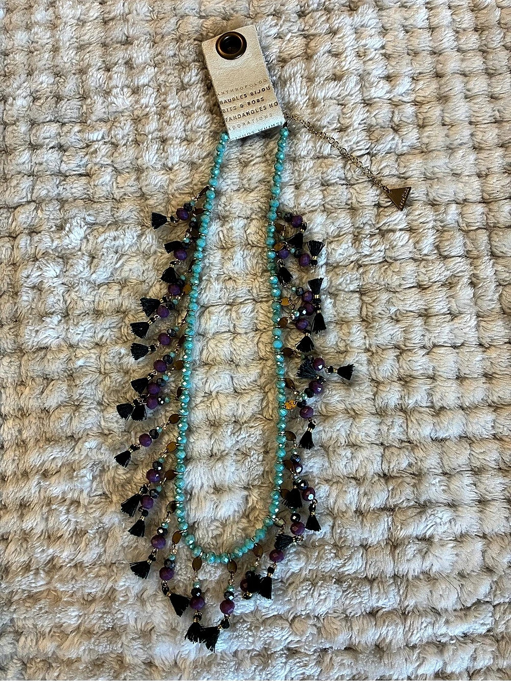 Anthropologie Statement Beaded Tassel Necklace in Turquoise & Purple NWT